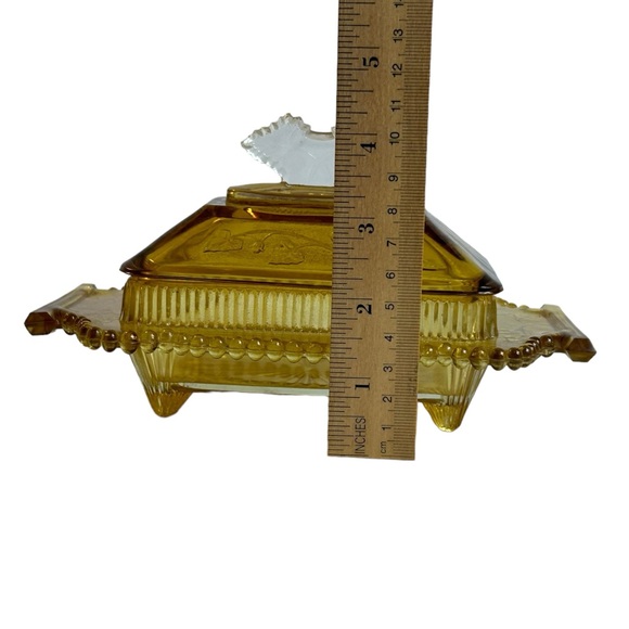 Antique Honey Dish Lid Yellow Glass Co-Operative Flint 1800s Leaf Pattern Pot - Picture 3 of 13